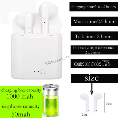 Écouteurs Casque Sans Fil Bluetooth M TWS i7S Bluetooth 5.0 Avec Boite Recharge Portable Compatible Tout Téléphone7