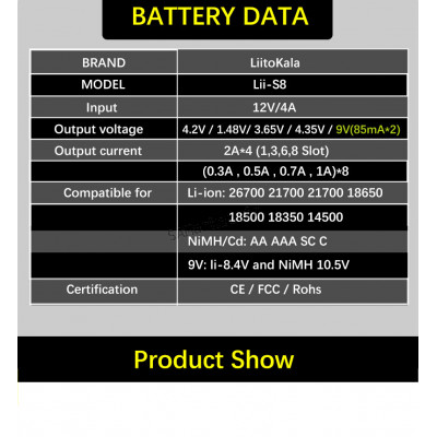 Chargeur Tout Type de Batterie 8 Emplacement 3.7V Li-ion NiMH 1.2V 9V Li-FePO4 3.2V IMR 3.8V 9V pour 18650 26650 21700 26700 AA AAA7