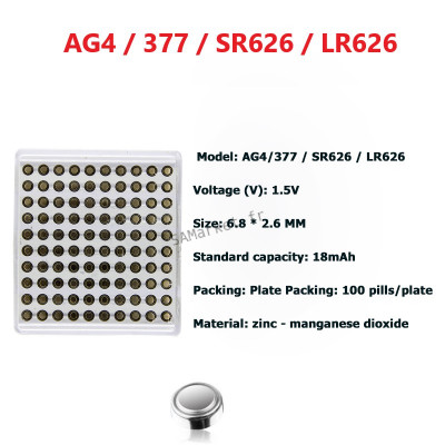 Pack de 100 Piles 1.55V AG4 377A 377 LR626 SR626SW 177 - 376 - 565 - AG4 - D377 - G4 - GA4 - GP377 - L626 - LR66 - SR626 - SR66 - V3772