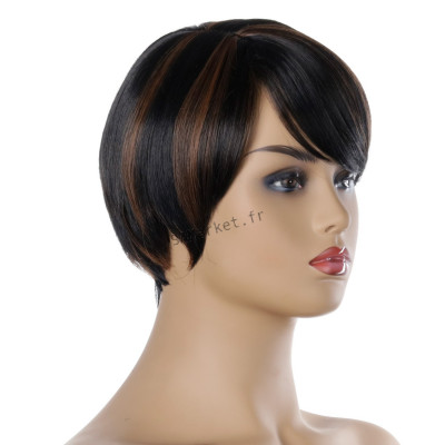 Perruque synthétique courte avec frange 30cm cheveux bruns noirs pour femmes afro fête soirée5