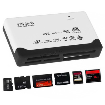 Lecteur de carte mémoire externe USB MicroSD, MMC Micro, MiniSD, SD HC, XD Card, MMC, MMC+, M2, MS Duo, CF3