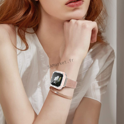 Coque de protection Apple Watch avec verre anti-choc quartz strass brillant3