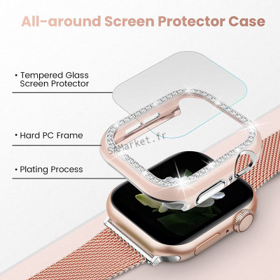 Coque de protection Apple Watch avec verre anti-choc quartz strass brillant8