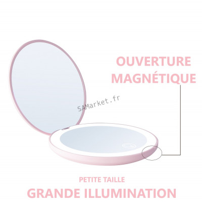 Double miroir de maquillage pliable rond lumineux de poche sac rechargeable grossissement 10x3