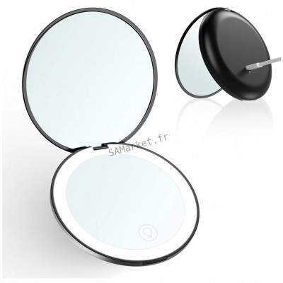 Double miroir de maquillage pliable rond lumineux de poche sac rechargeable grossissement 10x6