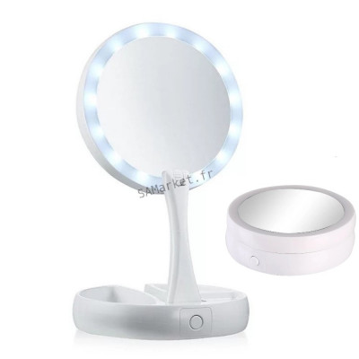 Miroir de maquillage lumineux avec support table grossissement x10 pliable2
