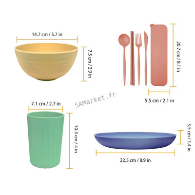 Set de vaisselle incassable 32 couverts et assiettes sans bpa sans plastique biodégradable apte micro-onde lave-vaisselle congélateur3