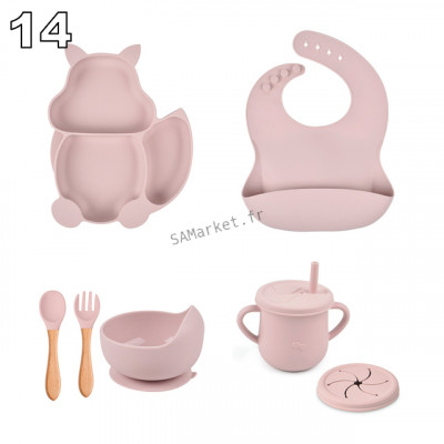 Set pour bébé en silicone sans BPA incassable antidérapant avec assiette et bol mug cup bavoir cuillère et fourchette apte au lave-vaisselle micro-ondes et congélateur réfrigérateur34