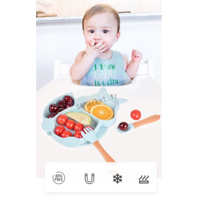 Set pour bébé en silicone sans BPA incassable antidérapant avec assiette et bol mug cup bavoir cuillère et fourchette apte au lave-vaisselle micro-ondes et congélateur réfrigérateur3