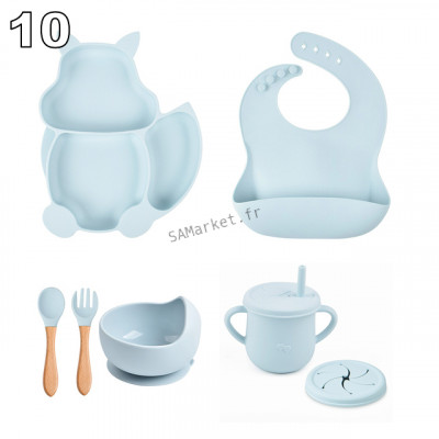 Set pour bébé en silicone sans BPA incassable antidérapant avec assiette et bol mug cup bavoir cuillère et fourchette apte au lave-vaisselle micro-ondes et congélateur réfrigérateur30