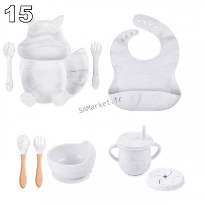 Set pour bébé en silicone sans BPA incassable antidérapant avec assiette et bol mug cup bavoir cuillère et fourchette apte au lave-vaisselle micro-ondes et congélateur réfrigérateur35