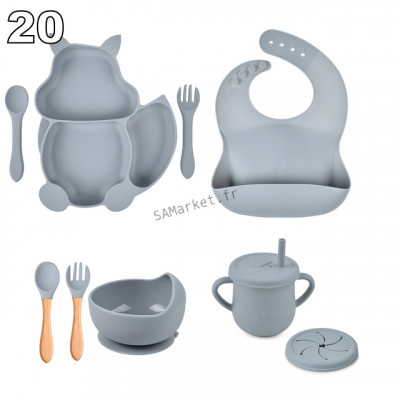 Set pour bébé en silicone sans BPA incassable antidérapant avec assiette et bol mug cup bavoir cuillère et fourchette apte au lave-vaisselle micro-ondes et congélateur réfrigérateur40