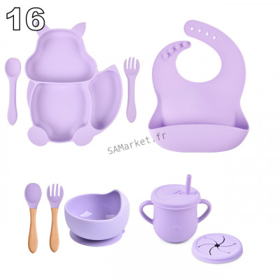 Set pour bébé en silicone sans BPA incassable antidérapant avec assiette et bol mug cup bavoir cuillère et fourchette apte au lave-vaisselle micro-ondes et congélateur réfrigérateur36
