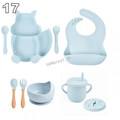 Set pour bébé en silicone sans BPA incassable antidérapant avec assiette et bol mug cup bavoir cuillère et fourchette apte au lave-vaisselle micro-ondes et congélateur réfrigérateur37