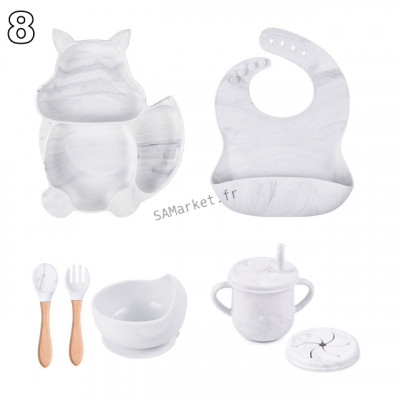 Set pour bébé en silicone sans BPA incassable antidérapant avec assiette et bol mug cup bavoir cuillère et fourchette apte au lave-vaisselle micro-ondes et congélateur réfrigérateur28