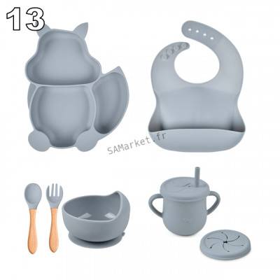 Set pour bébé en silicone sans BPA incassable antidérapant avec assiette et bol mug cup bavoir cuillère et fourchette apte au lave-vaisselle micro-ondes et congélateur réfrigérateur33